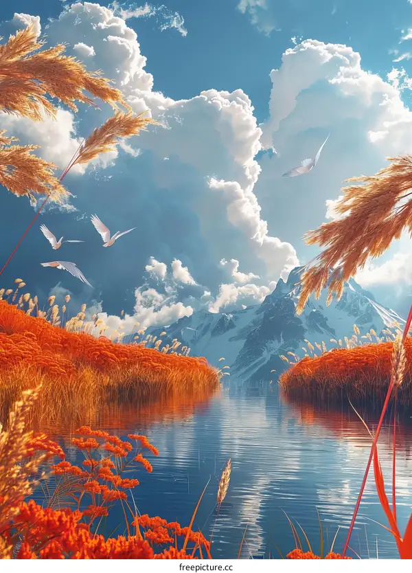 Autumn Mountain Lake Scenery Illustration