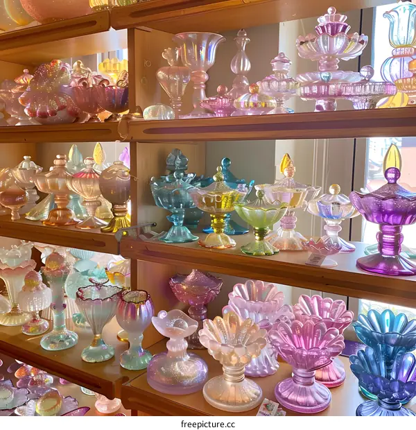 Colorful Glassware On Wooden Shelves In A Store