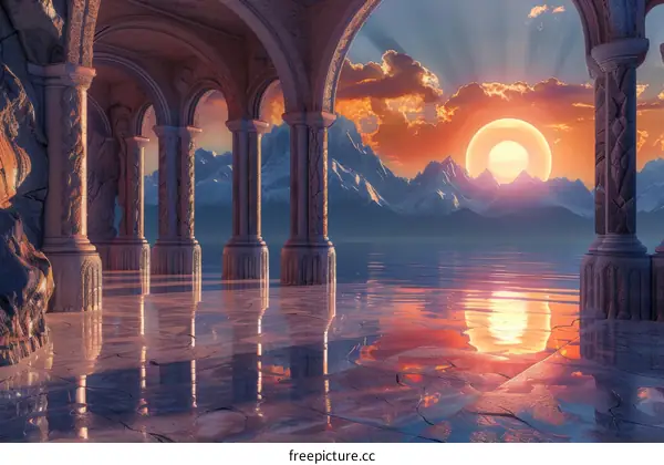 Fantasy Landscape: Sunset over Tranquil Lake and Majestic Mountains