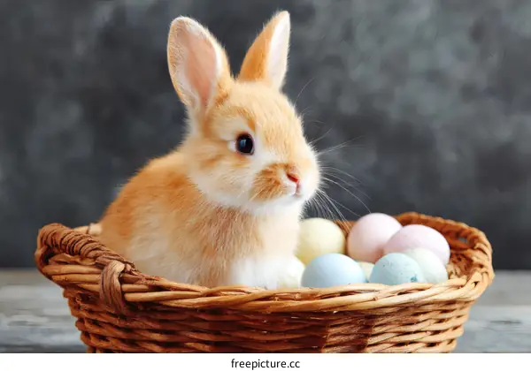 Adorable Easter Bunny in a Basket with Colorful Eggs
