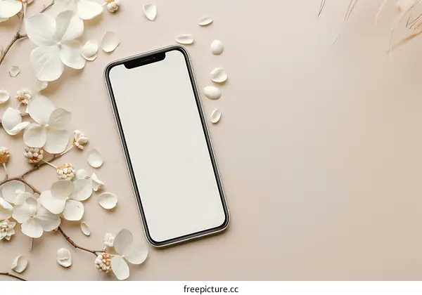 White Flowers and Phone Mockup on Pink Background