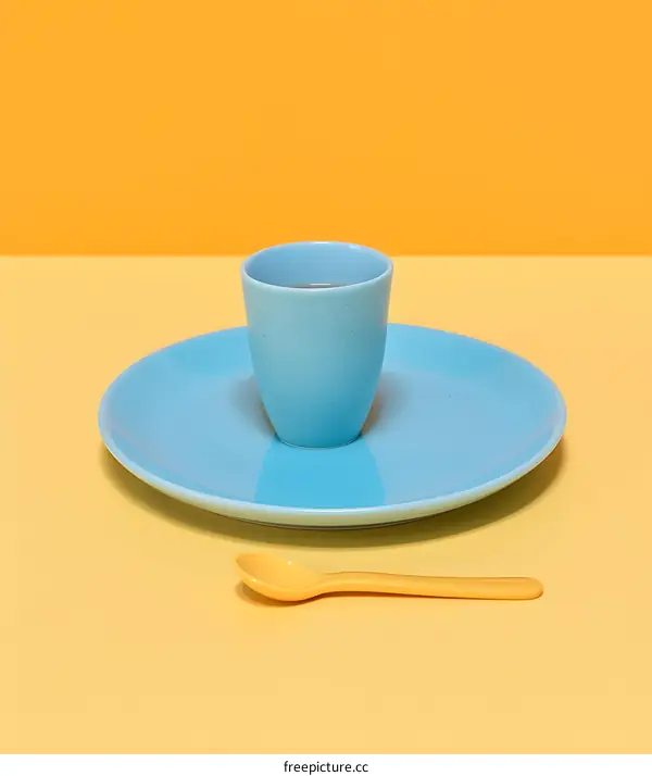 Blue Cup and Saucer with Yellow Spoon on Yellow Background