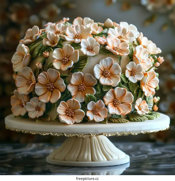 Celebration cake decorated with peach and cream colored flowers
