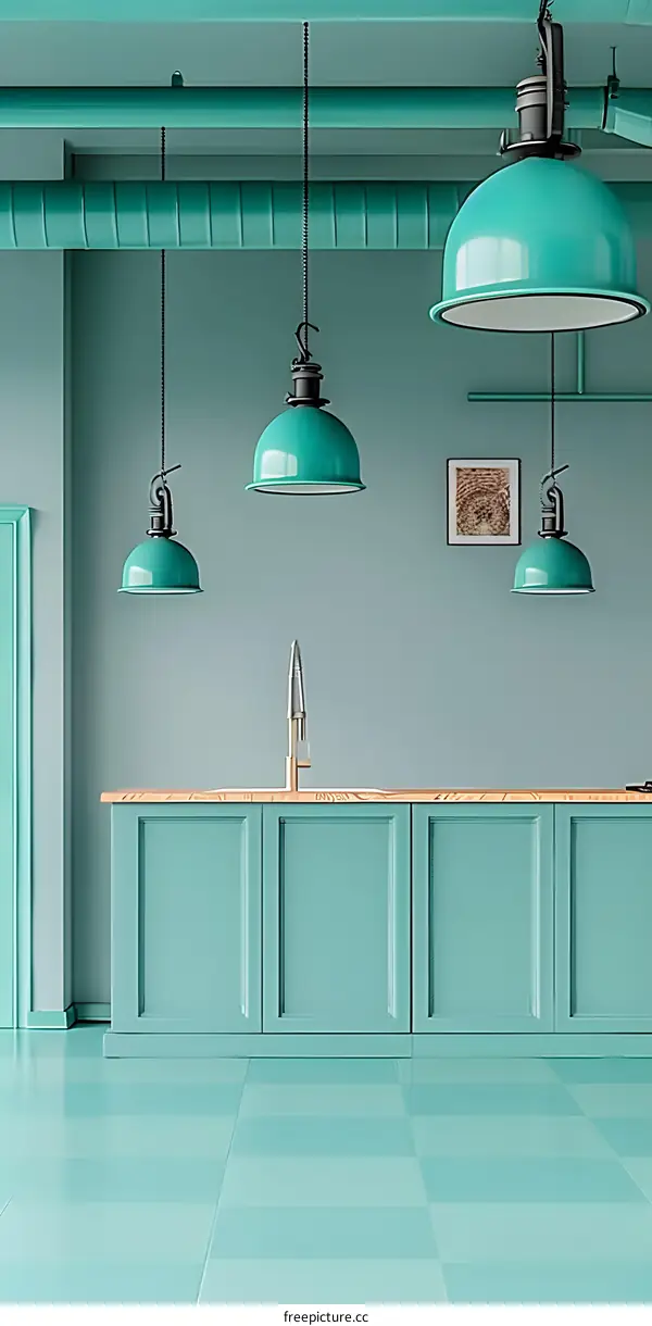 Mint Green Kitchen Interior Design with Industrial Lighting