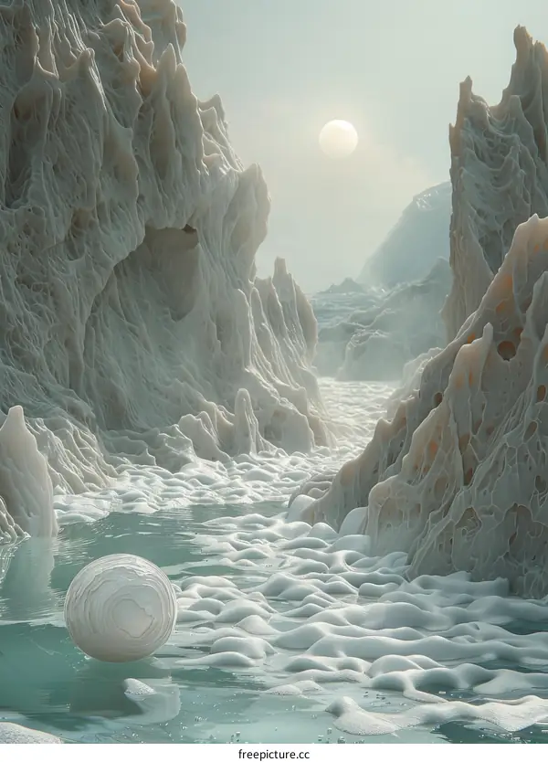 Mystical Landscape with Floating Moon and Glowing Rocks