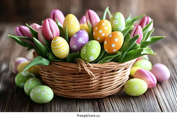 Easter Eggs in a Basket with Tulips