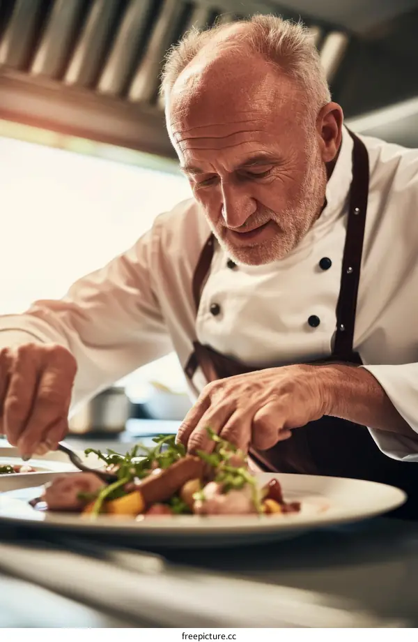 Focused senior chef carefully plating a delicious meal