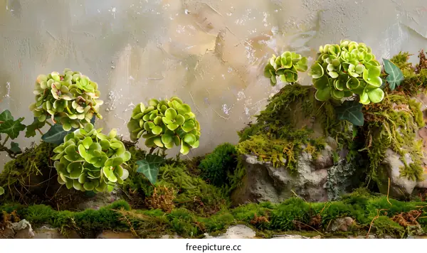 Green Hydrangea Flowers with Moss and Stone