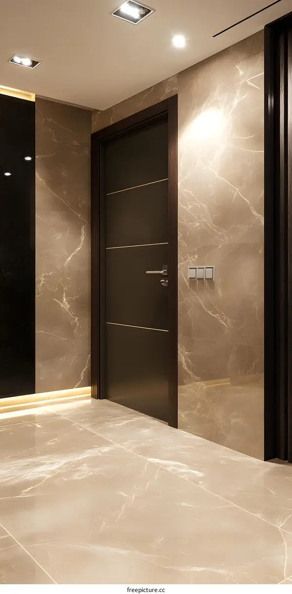 Modern Interior Design with Marble Walls and Brown Door