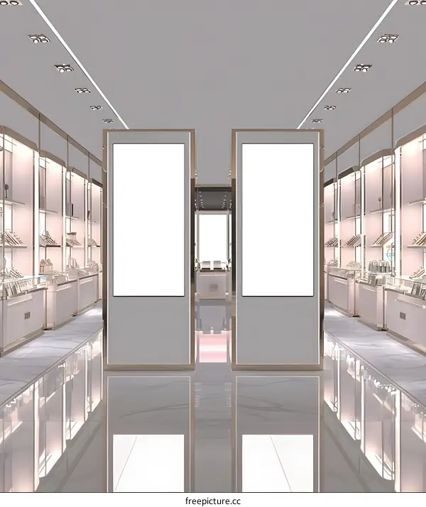 Empty White Store Interior Design with Two Blank Display Screens