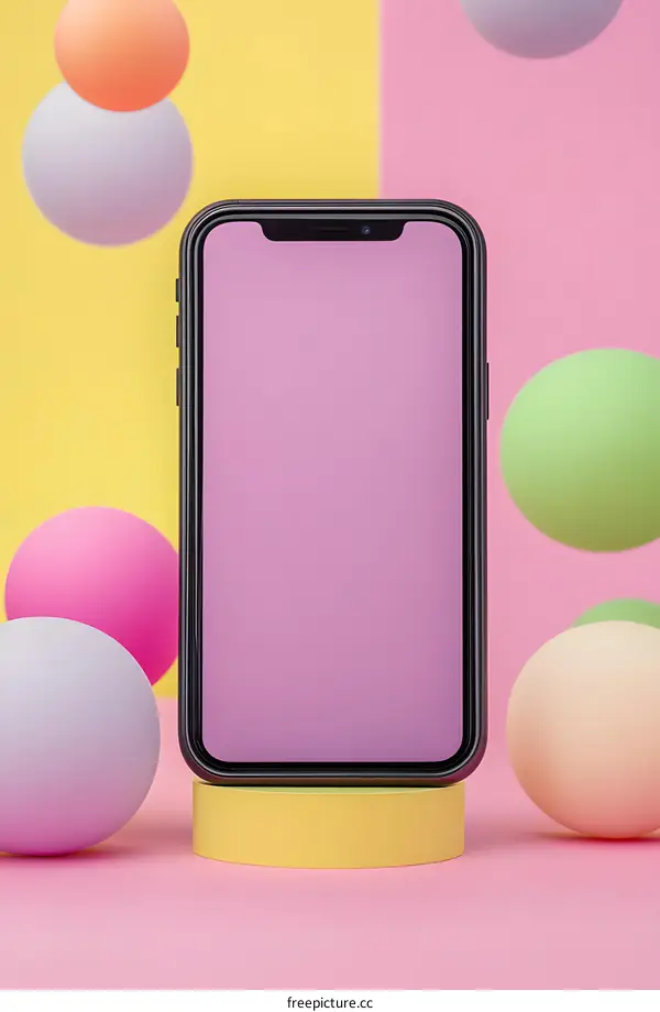 Modern Smartphone Mockup with Colorful Balls on a Pink Background