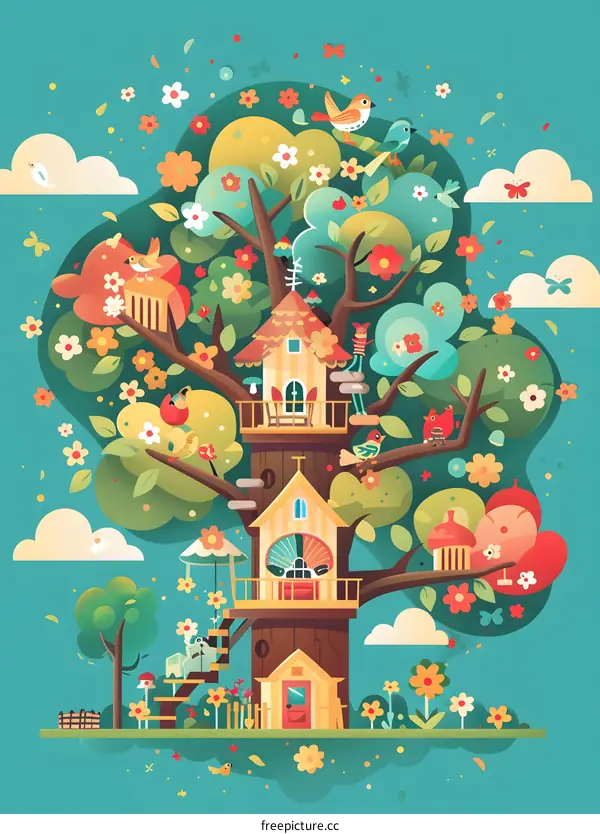 Colorful Treehouse with Birds and Flowers