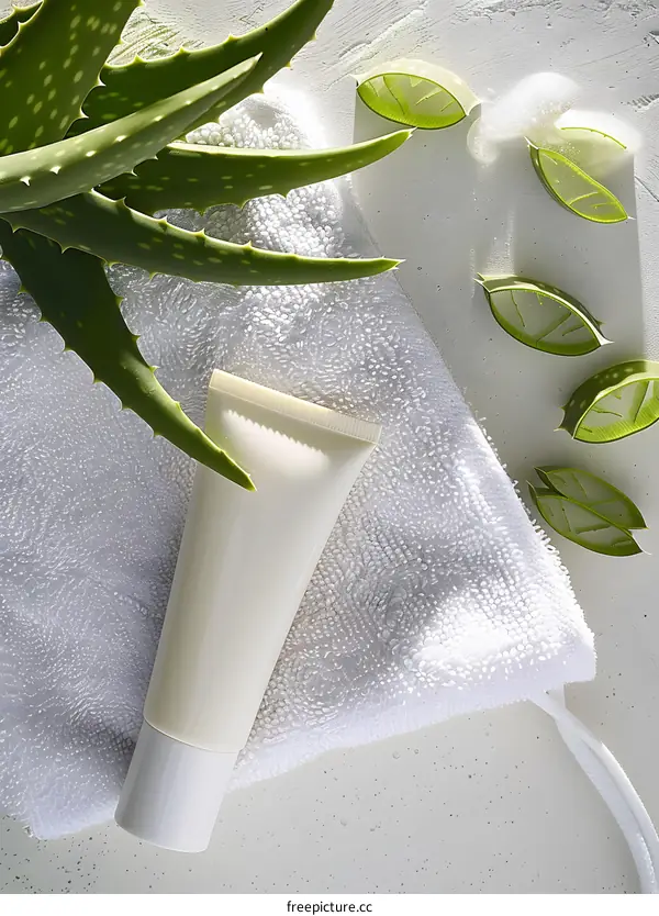 Aloe Vera Cream Tube With Towel And Leaves