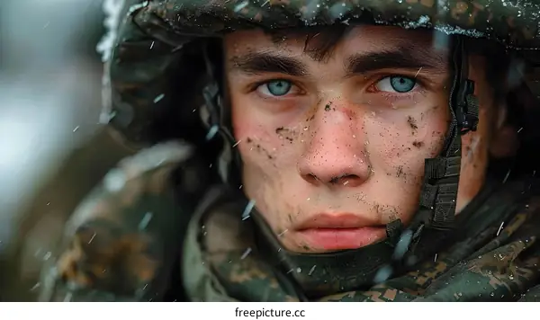 Portrait of a young soldier with blue eyes and a determined expression on his face
