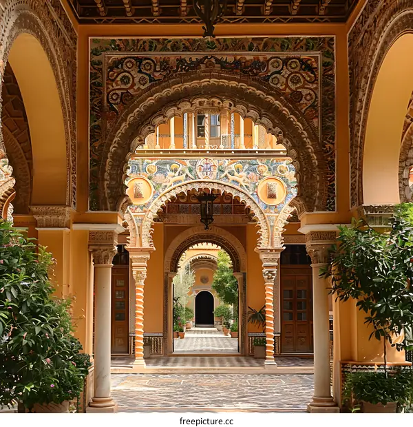 A beautiful courtyard with intricate tile work and arched doorways