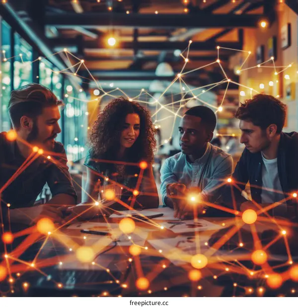 Group of diverse professionals discuss innovative ideas in a modern office space