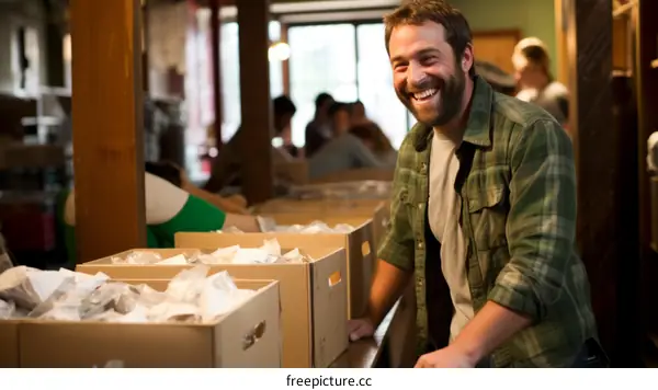 Bearded man leaning on a table and smiling