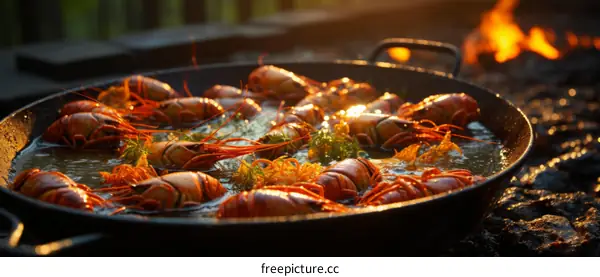 A delicious dish of crayfish being cooked over an open fire