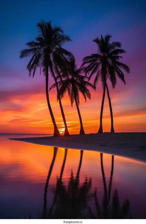 Palm trees on a tropical beach with a setting sun