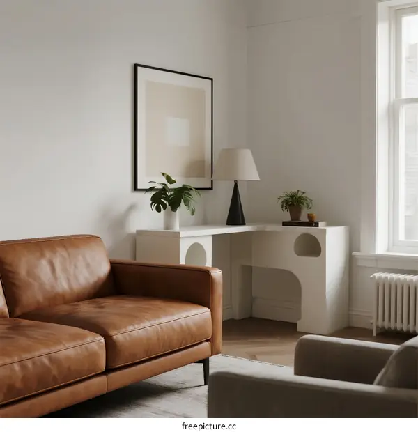 Modern living room with leather sofa and white desk setup