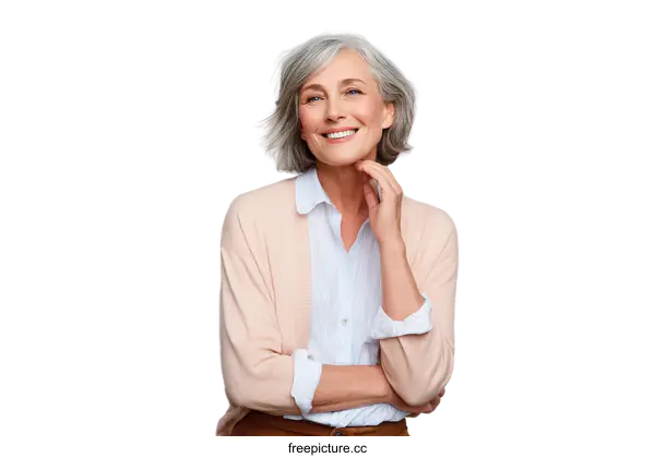[Transparent Background PNG]Portrait of Happy Senior Woman with Gray Hair in Casual Attire