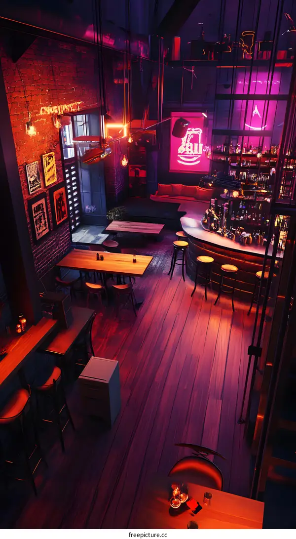 Industrial Style Bar Interior with Neon Lights