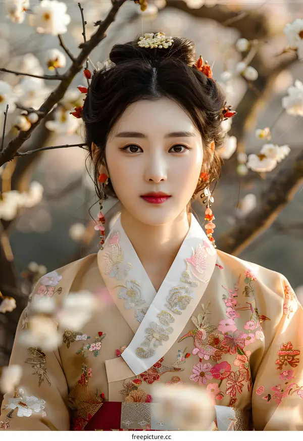 Portrait of a young woman in traditional Korean dress, or Hanbok