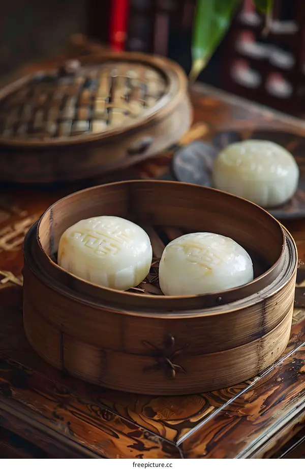 Steamed Buns with Chinese Characters in Bamboo Steamer on Wooden Table