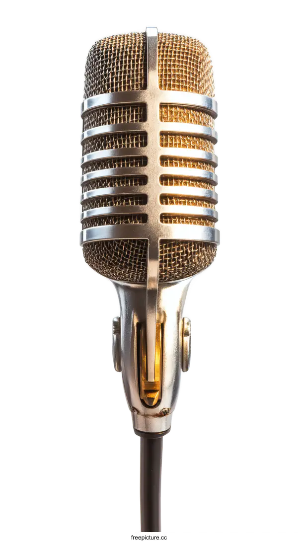 [Transparent Background PNG]Vintage Microphone with Gold Mesh Grid