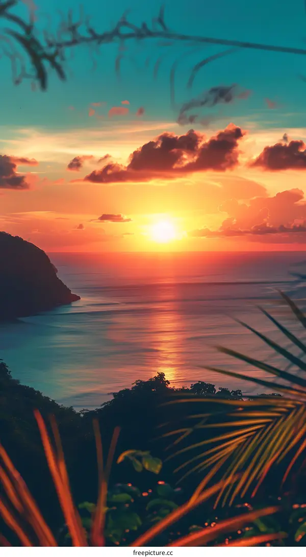 Beautiful Sunset Over the Ocean with Tropical Plants