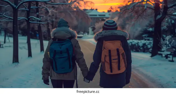 Couple Walking Hand in Hand Through Snowy Park at Sunset