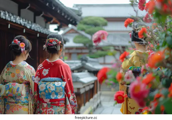 Three Japanese women wearing kimono walking in a traditional Japanese garden