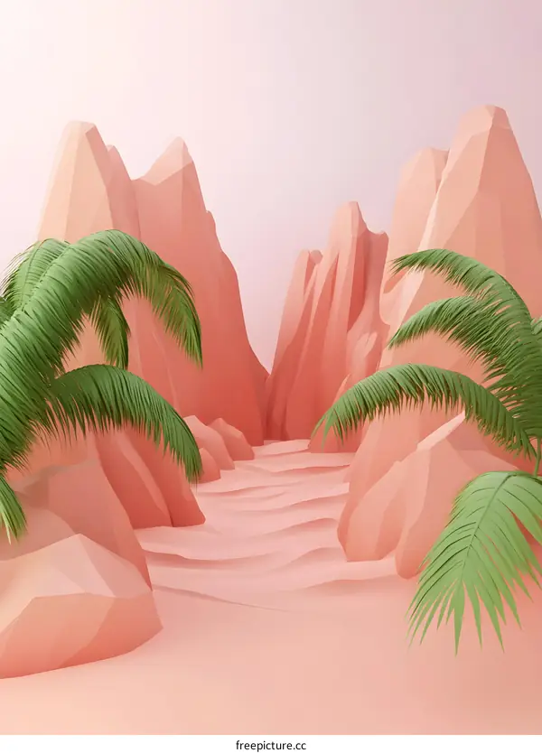 Minimalist 3D Rendering of Pink Mountains and Palm Trees