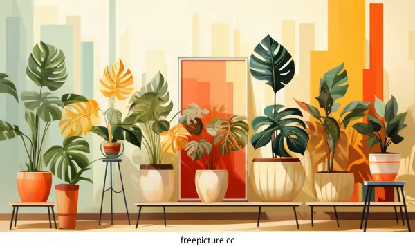 A collection of various houseplants in front of a geometric background