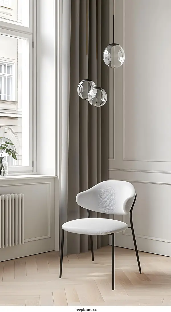 Minimalist White Chair Interior Design with Grey Curtains and Pendant Lights