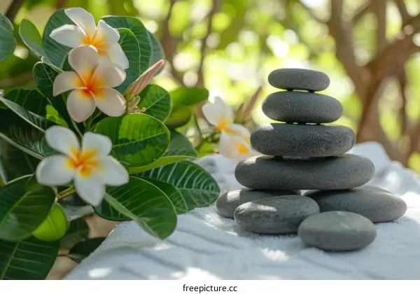Black stones and white flowers on white cloth