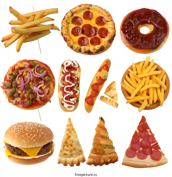 Variety of Fast Food Pizza Burger Hot Dog French Fries
