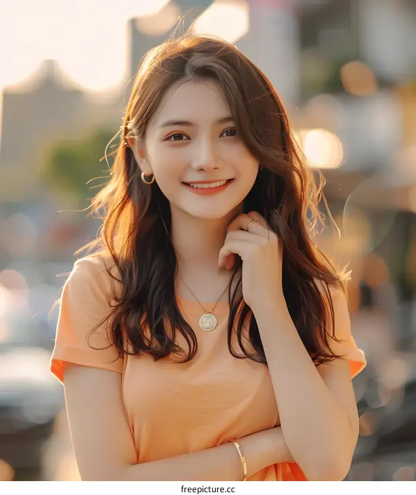 Young Woman With Long Brown Hair Smiles In The Street