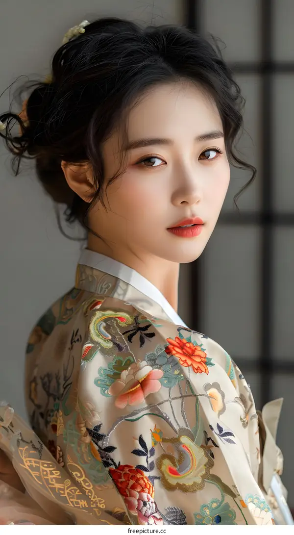 Asian Woman in Traditional Kimono with Floral Embroidery
