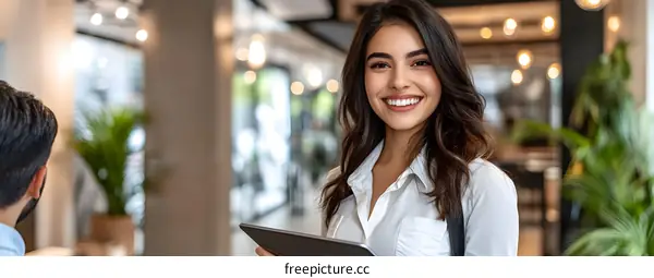 Smiling Woman Holding Tablet in Office Setting