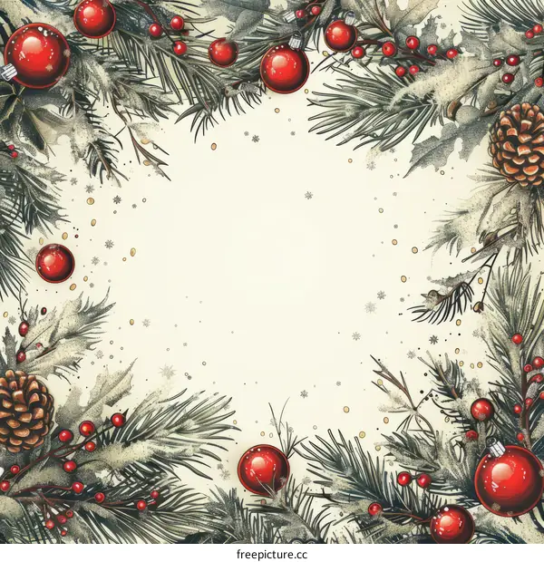 Vintage Christmas Frame With Pine Branches And Red Ornaments