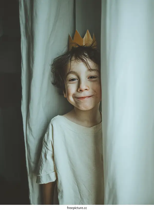A Child Wearing a Crown Hiding Behind a Curtain