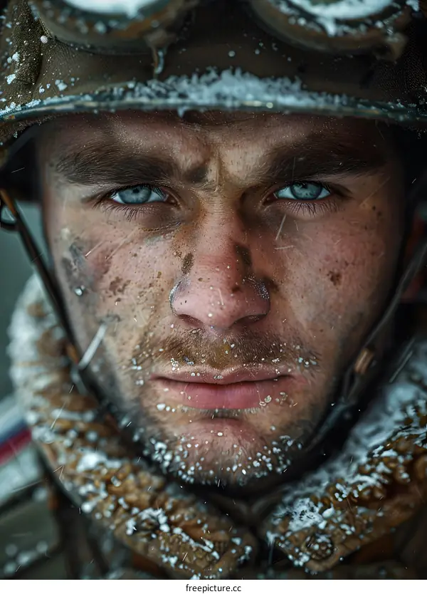 Close Up Portrait of a Soldier in a Snowy Winter