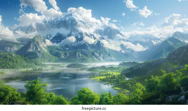 Landscapes With Mountain, Lake, and Green Fields