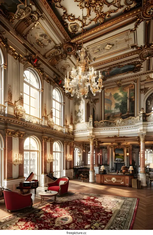 Ornate Interior Design With Golden Trim and Chandelier