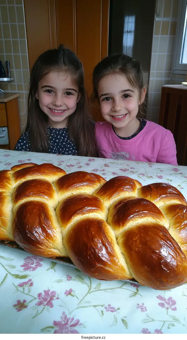 Two Caucasian Children Smile at Homemade Bread