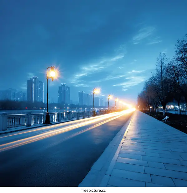Night Cityscape River Road Scene with Light Trails