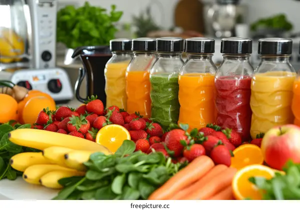 A variety of fresh fruit and vegetable juices in glass bottles