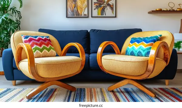 Stylish Mid-Century Modern Living Room with Colorful Accents