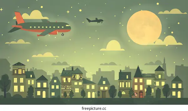 Night Cityscape with Plane and Full Moon